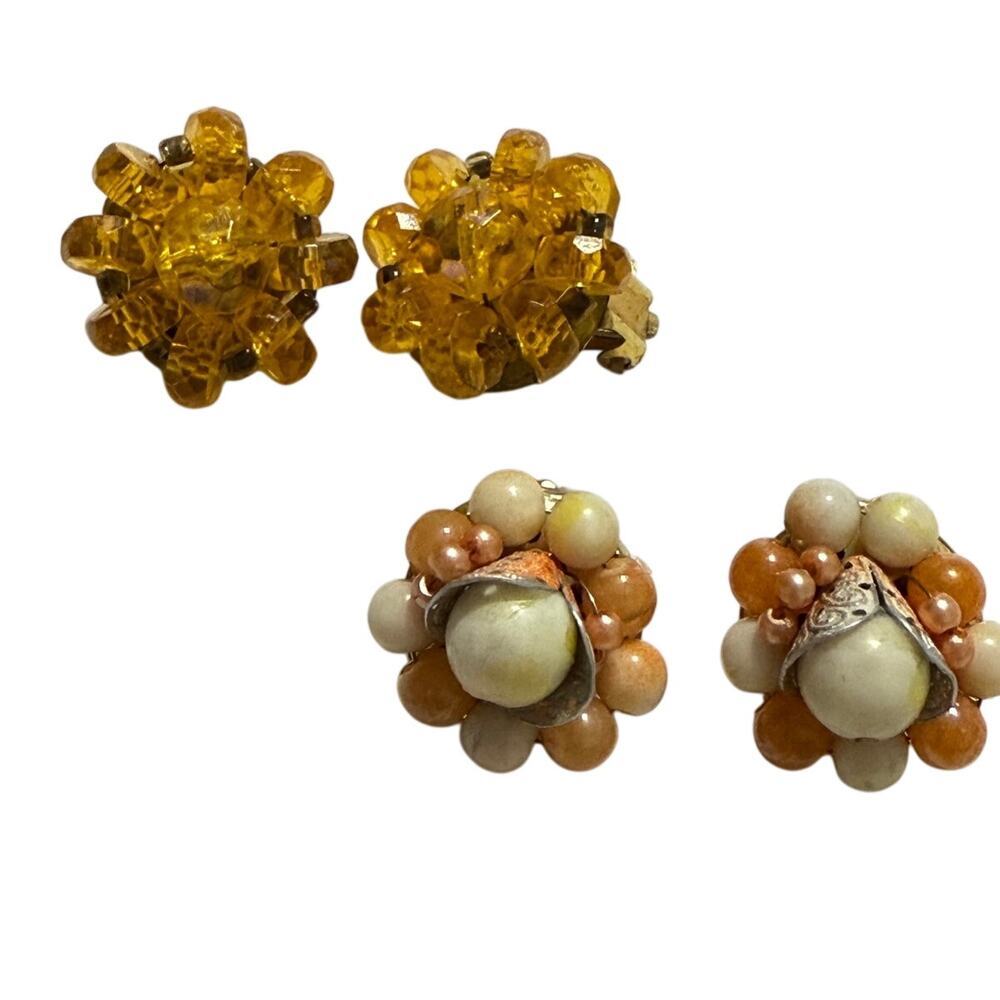 Vintage Hong Kong Orange Ivory Beaded Cluster Clip-On Earrings
